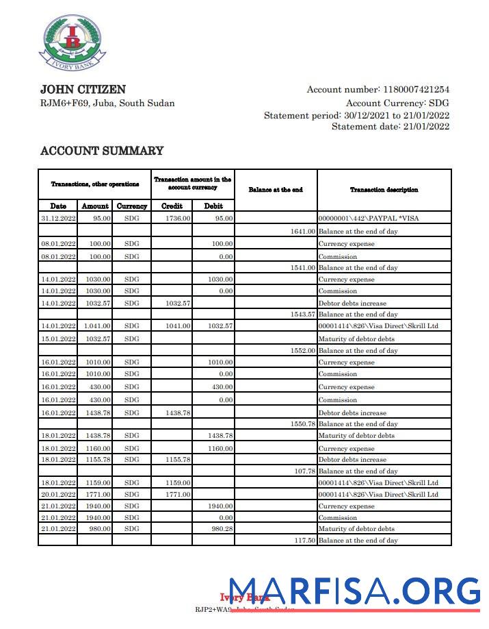 Realistic South Sudan Ivory bank statement excel template